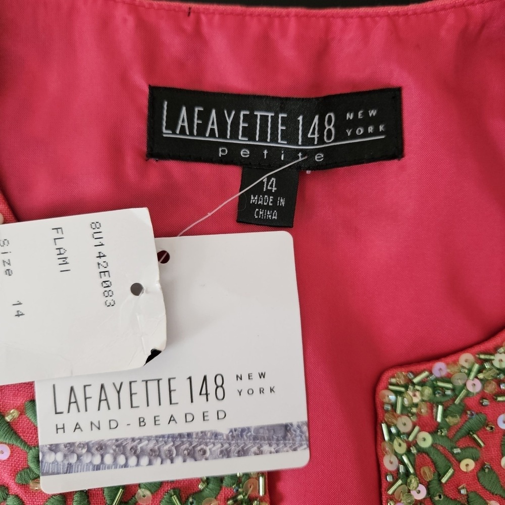 NWT Lafayette 148 New York Linen Blouse Women 14 Petite Pink Hand-Beaded Luxury - Picture 7 of 9